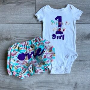 First Birthday Outfit Set Baby Girl 12 months 1 year Hand Made Bloomers Onesie